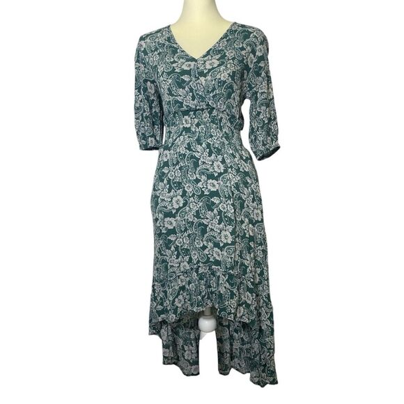 rokoko Green & White Floral High Low Faux Wrap Midi Dress Women's Size Small - Picture 1 of 12